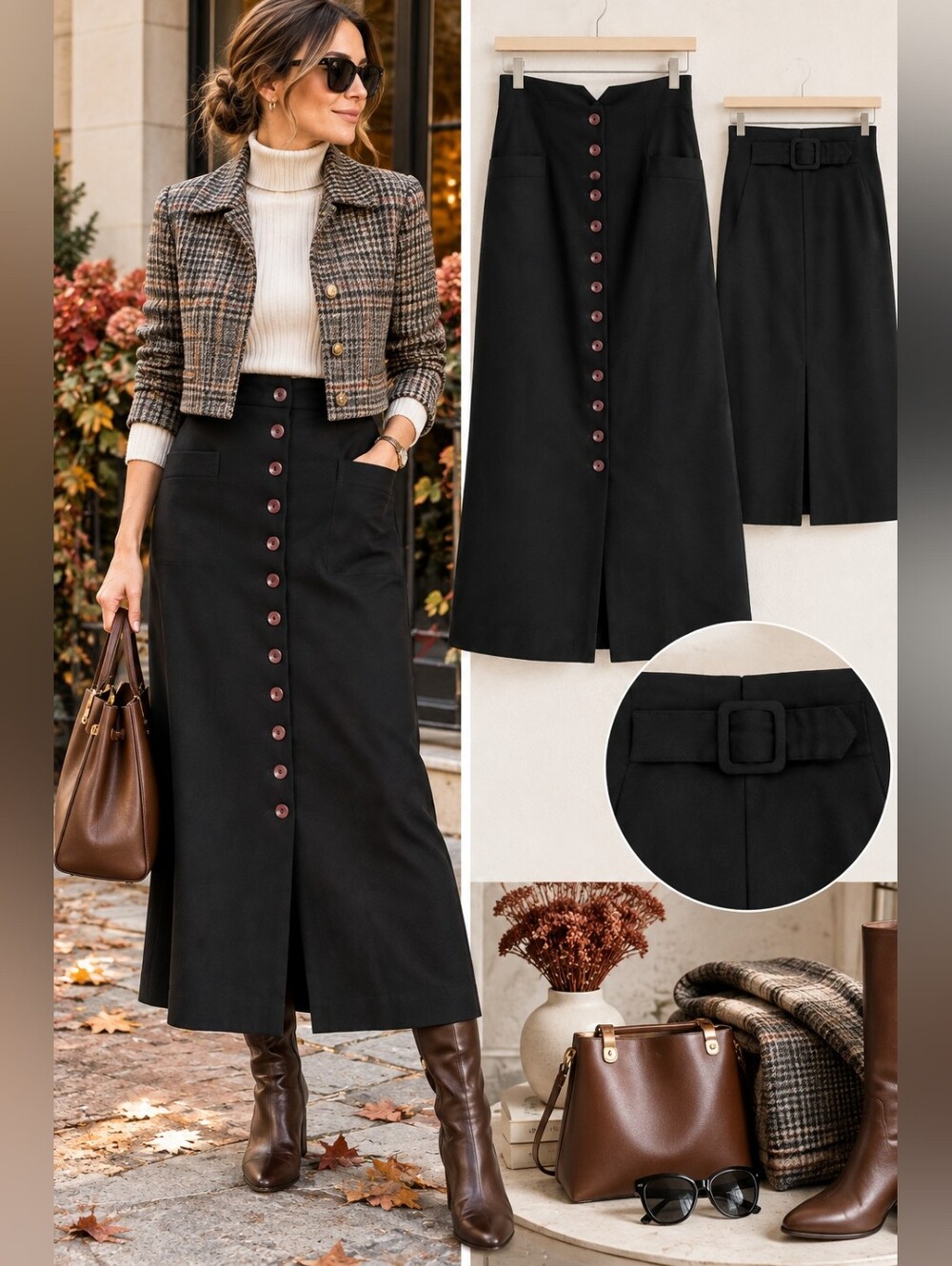 Fleur Bleu Black Midi Skirt Dark Academia A-Line Button Front 11/12